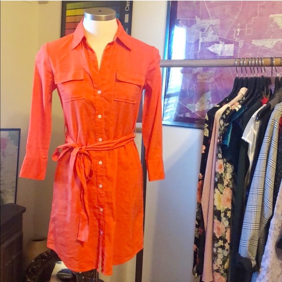 Theory Dresses & Skirts - THEORY Orange linen button down dress tie belt 2